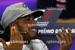 Lewis Hamilton (GBR) Mercedes AMG F1 in the FIA Press Conference. 10.11.2016. Formula 1 World Championship, Rd 20, Brazilian Grand Prix, Sao Paulo, Brazil, Preparation Day.