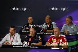 The FIA Press Conference (From back row (L to R)): Franz Tost (AUT) Scuderia Toro Rosso Team Principal; Robert Fernley (GBR) Sahara Force India F1 Team Deputy Team Principal; Dave Ryan (NZL) Manor Racing Racing Director; Guenther Steiner (ITA) Haas F1 Team Prinicipal; Christian Horner (GBR) Red Bull Racing Team Principal; Jock Clear (GBR) Ferrari Engineering Director.  10.06.2016. Formula 1 World Championship, Rd 7, Canadian Grand Prix, Montreal, Canada, Practice Day.
