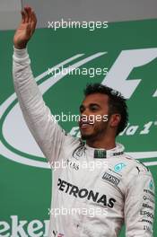 Race winner Lewis Hamilton (GBR) Mercedes AMG F1 celebrates on the podium. 12.06.2016. Formula 1 World Championship, Rd 7, Canadian Grand Prix, Montreal, Canada, Race Day.