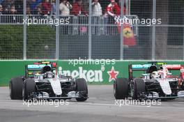 (L to R): Nico Rosberg (GER) Mercedes AMG F1 W07 Hybrid and team mate Lewis Hamilton (GBR) Mercedes AMG F1 W07 Hybrid at the start of the race. 12.06.2016. Formula 1 World Championship, Rd 7, Canadian Grand Prix, Montreal, Canada, Race Day.