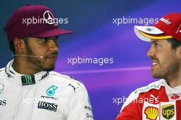 (L to R): Lewis Hamilton (GBR) Mercedes AMG F1 and Sebastian Vettel (GER) Ferrari in the FIA Press Conference. 11.06.2016. Formula 1 World Championship, Rd 7, Canadian Grand Prix, Montreal, Canada, Qualifying Day.