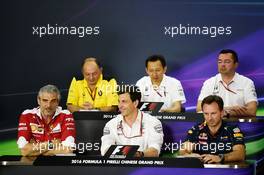 The FIA Press Conference (From back row (L to R)): Frederic Vasseur (FRA) Renault Sport F1 Team Racing Director; Yusuke Hasegawa (JPN) Head of Honda F1 Programme; Eric Boullier (FRA) McLaren Racing Director; Maurizio Arrivabene (ITA) Ferrari Team Principal; Toto Wolff (GER) Mercedes AMG F1 Shareholder and Executive Director; Christian Horner (GBR) Red Bull Racing Team Principal.  15.04.2016. Formula 1 World Championship, Rd 3, Chinese Grand Prix, Shanghai, China, Practice Day.