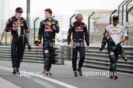 (L to R): Max Verstappen (NLD) Scuderia Toro Rosso with Daniil Kvyat (RUS) Red Bull Racing; Carlos Sainz Jr (ESP) Scuderia Toro Rosso; and Daniel Ricciardo (AUS) Red Bull Racing. 14.04.2016. Formula 1 World Championship, Rd 3, Chinese Grand Prix, Shanghai, China, Preparation Day.