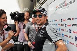 Sergio Perez (MEX) Sahara Force India F1 with the media. 14.04.2016. Formula 1 World Championship, Rd 3, Chinese Grand Prix, Shanghai, China, Preparation Day.