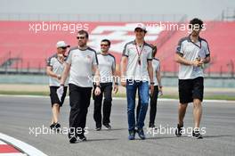 Esteban Gutierrez (MEX) Haas F1 Team walks the circuit with the team. 14.04.2016. Formula 1 World Championship, Rd 3, Chinese Grand Prix, Shanghai, China, Preparation Day.