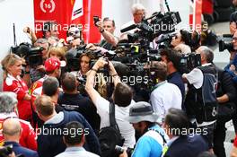 Sebastian Vettel (GER) Ferrari with the media. 13.05.2016. Formula 1 World Championship, Rd 5, Spanish Grand Prix, Barcelona, Spain, Practice Day.