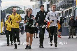 (L to R): Jolyon Palmer (GBR) Renault Sport F1 Team with Esteban Ocon (FRA) Renault Sport F1 Team Test Driver and Kevin Magnussen (DEN) Renault Sport F1 Team. 13.05.2016. Formula 1 World Championship, Rd 5, Spanish Grand Prix, Barcelona, Spain, Practice Day.