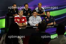 The FIA Press Conference (From back row (L to R)): Cyril Abiteboul (FRA) Renault Sport F1 Managing Director; Yusuke Hasegawa (JPN) Head of Honda F1 Programme; Robert Fernley (GBR) Sahara Force India F1 Team Deputy Team Principal; Maurizio Arrivabene (ITA) Ferrari Team Principal; Toto Wolff (GER) Mercedes AMG F1 Shareholder and Executive Director; Christian Horner (GBR) Red Bull Racing Team Principal.  13.05.2016. Formula 1 World Championship, Rd 5, Spanish Grand Prix, Barcelona, Spain, Practice Day.