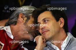 (L to R): Maurizio Arrivabene (ITA) Ferrari Team Principal with Toto Wolff (GER) Mercedes AMG F1 Shareholder and Executive Director in the FIA Press Conference. 13.05.2016. Formula 1 World Championship, Rd 5, Spanish Grand Prix, Barcelona, Spain, Practice Day.