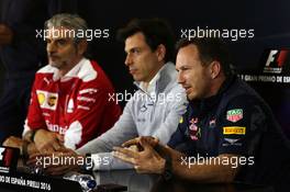 The FIA Press Conference (L to R): Maurizio Arrivabene (ITA) Ferrari Team Principal; Toto Wolff (GER) Mercedes AMG F1 Shareholder and Executive Director; Christian Horner (GBR) Red Bull Racing Team Principal. 13.05.2016. Formula 1 World Championship, Rd 5, Spanish Grand Prix, Barcelona, Spain, Practice Day.