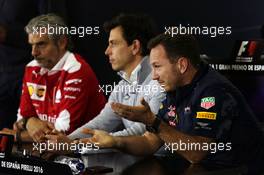 The FIA Press Conference (L to R): Maurizio Arrivabene (ITA) Ferrari Team Principal; Toto Wolff (GER) Mercedes AMG F1 Shareholder and Executive Director; Christian Horner (GBR) Red Bull Racing Team Principal. 13.05.2016. Formula 1 World Championship, Rd 5, Spanish Grand Prix, Barcelona, Spain, Practice Day.