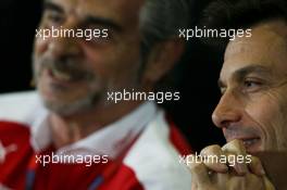 (L to R): Maurizio Arrivabene (ITA) Ferrari Team Principal with Toto Wolff (GER) Mercedes AMG F1 Shareholder and Executive Director in the FIA Press Conference. 13.05.2016. Formula 1 World Championship, Rd 5, Spanish Grand Prix, Barcelona, Spain, Practice Day.