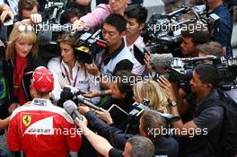 Sebastian Vettel (GER) Ferrari with the media. 13.05.2016. Formula 1 World Championship, Rd 5, Spanish Grand Prix, Barcelona, Spain, Practice Day.