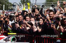 Red Bull Racing celebrate victory for Max Verstappen (NLD) Red Bull Racing in parc ferme. 15.05.2016. Formula 1 World Championship, Rd 5, Spanish Grand Prix, Barcelona, Spain, Race Day.