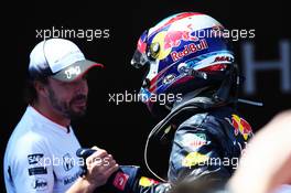 Race winner Max Verstappen (NLD) Red Bull Racing celebrates in parc ferme with Fernando Alonso (ESP) McLaren. 15.05.2016. Formula 1 World Championship, Rd 5, Spanish Grand Prix, Barcelona, Spain, Race Day.