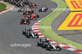 Nico Rosberg (GER) Mercedes AMG F1 W07 Hybrid leads team mate Lewis Hamilton (GBR) Mercedes AMG F1 W07 Hybrid at the start of the race. 15.05.2016. Formula 1 World Championship, Rd 5, Spanish Grand Prix, Barcelona, Spain, Race Day.