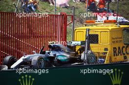 The Mercedes AMG F1 W07 Hybrid of Nico Rosberg (GER) Mercedes AMG F1 is recovered back to the pits on the back of a truck. 15.05.2016. Formula 1 World Championship, Rd 5, Spanish Grand Prix, Barcelona, Spain, Race Day.