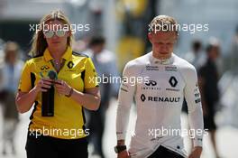 (L to R): Aurelie Donzelot (FRA) Renault Sport F1 Team Media Communications Manager with Kevin Magnussen (DEN) Renault Sport F1 Team. 14.05.2016. Formula 1 World Championship, Rd 5, Spanish Grand Prix, Barcelona, Spain, Qualifying Day.