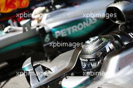 Nico Rosberg (GER) Mercedes AMG F1 W07 Hybrid and team mate Lewis Hamilton (GBR) Mercedes AMG F1 W07 Hybrid in parc ferme. 14.05.2016. Formula 1 World Championship, Rd 5, Spanish Grand Prix, Barcelona, Spain, Qualifying Day.