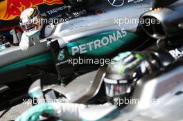 Pole sitter Lewis Hamilton (GBR) Mercedes AMG F1 W07 Hybrid in parc ferme with team mate Nico Rosberg (GER) Mercedes AMG F1 W07 Hybrid. 14.05.2016. Formula 1 World Championship, Rd 5, Spanish Grand Prix, Barcelona, Spain, Qualifying Day.