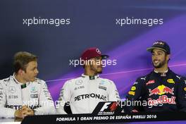 Post qualifying FIA Press Conference (L to R): Nico Rosberg (GER) Mercedes AMG F1; Lewis Hamilton (GBR) Mercedes AMG F1; Daniel Ricciardo (AUS) Red Bull Racing. 14.05.2016. Formula 1 World Championship, Rd 5, Spanish Grand Prix, Barcelona, Spain, Qualifying Day.