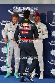 (L to R): Nico Rosberg (GER) Mercedes AMG F1 with Daniel Ricciardo (AUS) Red Bull Racing and pole sitter Lewis Hamilton (GBR) Mercedes AMG F1 in parc ferme. 14.05.2016. Formula 1 World Championship, Rd 5, Spanish Grand Prix, Barcelona, Spain, Qualifying Day.