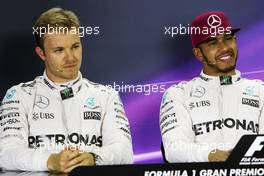 (L to R): Nico Rosberg (GER) Mercedes AMG F1 and team mate Lewis Hamilton (GBR) Mercedes AMG F1 in the post qualifying FIA Press Conference. 14.05.2016. Formula 1 World Championship, Rd 5, Spanish Grand Prix, Barcelona, Spain, Qualifying Day.