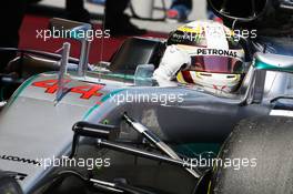 Lewis Hamilton (GBR) Mercedes AMG F1 W07 Hybrid celebrates his pole position in parc ferme. 14.05.2016. Formula 1 World Championship, Rd 5, Spanish Grand Prix, Barcelona, Spain, Qualifying Day.