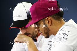 (L to R): Fernando Alonso (ESP) McLaren with Lewis Hamilton (GBR) Mercedes AMG F1 in the FIA Press Conference. 12.05.2016. Formula 1 World Championship, Rd 5, Spanish Grand Prix, Barcelona, Spain, Preparation Day.