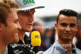 (L to R): Nico Rosberg (GER) Mercedes AMG F1 with Nico Hulkenberg (GER) Sahara Force India F1 and Pascal Wehrlein (GER) Manor Racing. 12.05.2016. Formula 1 World Championship, Rd 5, Spanish Grand Prix, Barcelona, Spain, Preparation Day.
