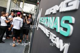 Lewis Hamilton (GBR) Mercedes AMG F1 with the media. 17.06.2016. Formula 1 World Championship, Rd 8, European Grand Prix, Baku Street Circuit, Azerbaijan, Practice Day.