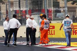 Charlie Whiting (GBR) FIA Delegate and Herbie Blash (GBR) FIA Delegate inspect the circuit after GP2 qualifying is postponed. 17.06.2016. Formula 1 World Championship, Rd 8, European Grand Prix, Baku Street Circuit, Azerbaijan, Practice Day.
