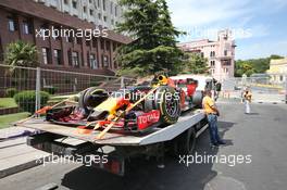The Red Bull Racing RB12 of Daniel Ricciardo (AUS) Red Bull Racing is recovered back to the pits on the back of a truck. 17.06.2016. Formula 1 World Championship, Rd 8, European Grand Prix, Baku Street Circuit, Azerbaijan, Practice Day.