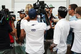 (L to R): Sergio Perez (MEX) Sahara Force India F1 and Nico Hulkenberg (GER) Sahara Force India F1 with the media. 17.06.2016. Formula 1 World Championship, Rd 8, European Grand Prix, Baku Street Circuit, Azerbaijan, Practice Day.