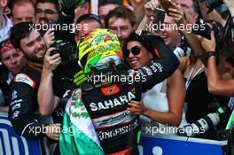 Sergio Perez (MEX) Sahara Force India F1 celebrates his third position with the team in parc ferme. 19.06.2016. Formula 1 World Championship, Rd 8, European Grand Prix, Baku Street Circuit, Azerbaijan, Race Day.