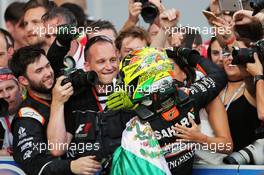 Sergio Perez (MEX) Sahara Force India F1 celebrates his third position with the team in parc ferme. 19.06.2016. Formula 1 World Championship, Rd 8, European Grand Prix, Baku Street Circuit, Azerbaijan, Race Day.