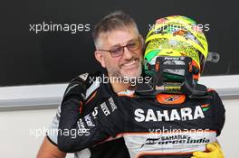 Sergio Perez (MEX) Sahara Force India F1 celebrates his third position with the team in parc ferme. 19.06.2016. Formula 1 World Championship, Rd 8, European Grand Prix, Baku Street Circuit, Azerbaijan, Race Day.