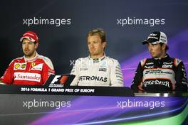 The post race FIA Press Conference (L to R): Sebastian Vettel (GER) Ferrari, second; Nico Rosberg (GER) Mercedes AMG F1, race winner; Sergio Perez (MEX) Sahara Force India F1, third. 19.06.2016. Formula 1 World Championship, Rd 8, European Grand Prix, Baku Street Circuit, Azerbaijan, Race Day.