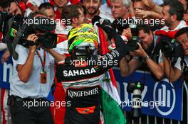 Sergio Perez (MEX) Sahara Force India F1 celebrates his third position in parc ferme. 19.06.2016. Formula 1 World Championship, Rd 8, European Grand Prix, Baku Street Circuit, Azerbaijan, Race Day.