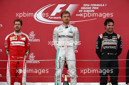 1st place Nico Rosberg (GER) Mercedes AMG Petronas F1 W07, 2nd place Sebastian Vettel (GER) Scuderia Ferrari SF16-H and 3rd place Sergio Perez (MEX) Force India F1 VJM09. 19.06.2016. Formula 1 World Championship, Rd 8, European Grand Prix, Baku Street Circuit, Azerbaijan, Race Day.