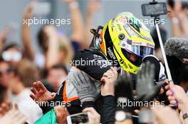 Sergio Perez (MEX) Sahara Force India F1 celebrates his third position in parc ferme. 19.06.2016. Formula 1 World Championship, Rd 8, European Grand Prix, Baku Street Circuit, Azerbaijan, Race Day.