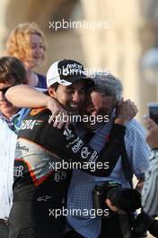 Sergio Perez (MEX) Sahara Force India F1 celebrates his third position. 19.06.2016. Formula 1 World Championship, Rd 8, European Grand Prix, Baku Street Circuit, Azerbaijan, Race Day.