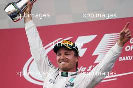 Race winner Nico Rosberg (GER) Mercedes AMG F1 celebrates on the podium. 19.06.2016. Formula 1 World Championship, Rd 8, European Grand Prix, Baku Street Circuit, Azerbaijan, Race Day.