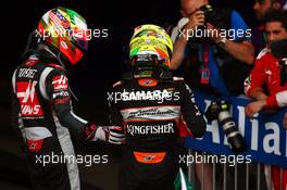 Sergio Perez (MEX) Sahara Force India F1 celebrates his third position in parc ferme. 19.06.2016. Formula 1 World Championship, Rd 8, European Grand Prix, Baku Street Circuit, Azerbaijan, Race Day.