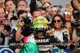 Sergio Perez (MEX) Sahara Force India F1 celebrates his third position with the team in parc ferme. 19.06.2016. Formula 1 World Championship, Rd 8, European Grand Prix, Baku Street Circuit, Azerbaijan, Race Day.