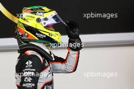 Sergio Perez (MEX) Sahara Force India F1 celebrates his third position in parc ferme. 19.06.2016. Formula 1 World Championship, Rd 8, European Grand Prix, Baku Street Circuit, Azerbaijan, Race Day.