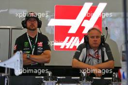 Kurt Busch (USA) NASCAR Driver in the Haas F1 Team pit garage with Gene Haas (USA) Haas Automotion President. 18.06.2016. Formula 1 World Championship, Rd 8, European Grand Prix, Baku Street Circuit, Azerbaijan, Qualifying Day.