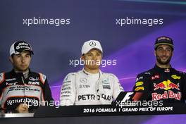 Post qualifying FIA Press Conference (L to R): Sergio Perez (MEX) Sahara Force India F1, second; Nico Rosberg (GER) Mercedes AMG F1, pole position; Daniel Ricciardo (AUS) Red Bull Racing, third. 18.06.2016. Formula 1 World Championship, Rd 8, European Grand Prix, Baku Street Circuit, Azerbaijan, Qualifying Day.