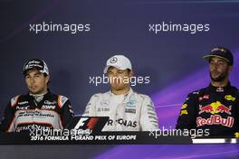 Post qualifying FIA Press Conference (L to R): Sergio Perez (MEX) Sahara Force India F1, second; Nico Rosberg (GER) Mercedes AMG F1, pole position; Daniel Ricciardo (AUS) Red Bull Racing, third. 18.06.2016. Formula 1 World Championship, Rd 8, European Grand Prix, Baku Street Circuit, Azerbaijan, Qualifying Day.