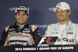 (L to R): Second placed Sergio Perez (MEX) Sahara Force India F1 and pole sitter Nico Rosberg (GER) Mercedes AMG F1 in the post qualifying FIA Press Conference. 18.06.2016. Formula 1 World Championship, Rd 8, European Grand Prix, Baku Street Circuit, Azerbaijan, Qualifying Day.